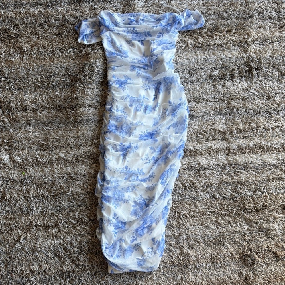 Blue Floral Off-Shoulder Midi Dress